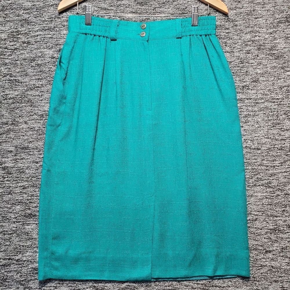 Vintage Norton McNaughton Skirt Womens 16 Teal Green Rayon Flax Linen Midi Boho